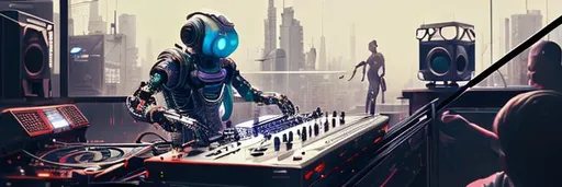 Prompt: robot as a dj with dancing happy people, perfect composition, hyperrealistic, super detailed, 8k, high quality, trending art, trending on artstation, sharp focus, studio photo, intricate details, highly detailed, cyberpunk, by greg rutkowski