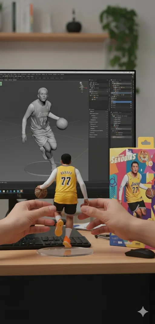 Prompt: Two hands gently enter the frame, one on each side, and grasp the clear circular base of the basketball figurine. With a soft lifting motion, they raise the figure a few inches from the desk surface, its vibrant orange shoes now floating above the mousepad. The hands then slowly rotate the figurine a quarter turn to inspect its back, revealing the detailed textures of the player's jersey and shorts. Throughout this movement, the digital wireframe model on the computer screen and the printed graphic on the "INTELLIGENT FIGURINES" box remain completely stationary, as do all other objects on the desk.