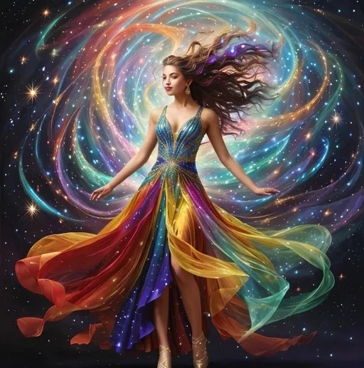 Prompt: a stunning depiction of a dancer whose flowing movements create beautiful, swirling galaxies. The dancer's form and dress are painted with stars and cosmic dust, illustrating the harmony between human expression and the universe. Light background 