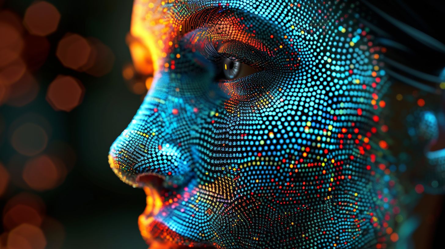 Prompt: 3d female face emerge from the digital dot matrix with variable colors