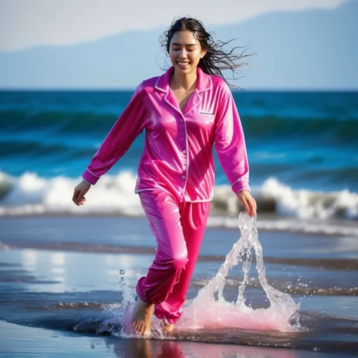 Prompt: photo of young woman, soaking wet clothes, Furry slippers, Pink pajama pants, Pink tshirt,  , Walking out of the sea,   enjoying, water dripping from clothes, clothes stuck to body,  detailed textures of the wet fabric, wet face, wet plastered hair,  wet, drenched, professional, high-quality details, full body view.