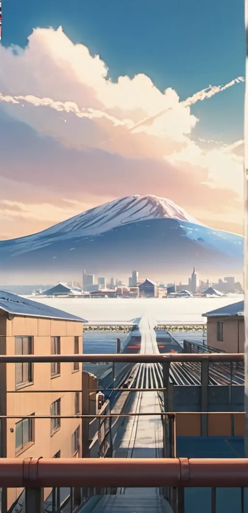 Prompt: An image with a snowberg at the back and a city in the front