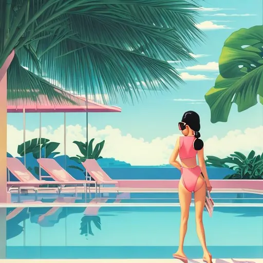 Prompt: tropical dusk poolside with girl in style of Hiroshi Nagai painting 
