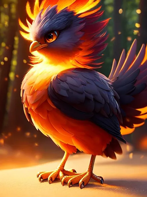 Prompt: Disney Pixar style cute pheonix, highly detailed, fluffy, intricate, big eyes, adorable, beautiful, soft dramatic lighting, light shafts, radiant, ultra high quality octane render, daytime forest background,bokeh, hypermaximalist