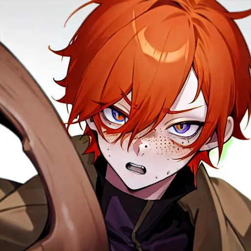 Prompt: Erikku male adult (short ginger hair, freckles, right eye blue left eye purple) UHD, 8K, Highly detailed, insane detail, best quality, high quality, in purgatory