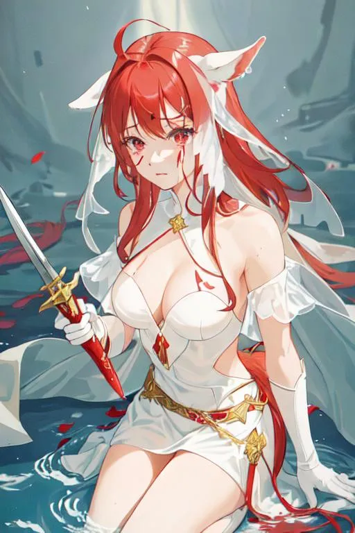 Prompt: Haley as a horse girl with bright red side-swept hair, crying, holding a dagger, covered in blood, wearing a blood stained red and gold wedding gown