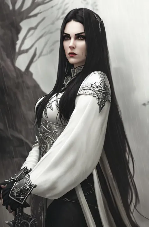 Prompt: cinematic portrait, dungeons & dragons, final fantasy concept art, watercolor, HD photography, (((beautiful goth warrior woman with realistic face, detailed face))), standing in a dark thunderstorm with lightning, battleworn, intricate steel broadsword, angry face, rage, vengeance, heavy black metal armour, (pale skin, angular eyebrows), ++[thick lips], dark hair, black hair, powerful pose, crimson,  high contrast, ethereal, royal vibes, 3D lighting, castle, ruins, rubble