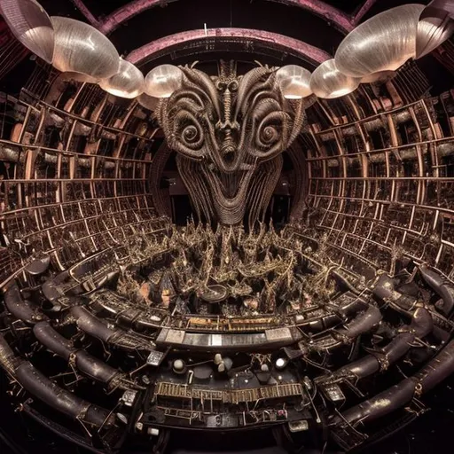 Prompt: A grand orchestra of alien musicians playing extraordinary instruments from distant galaxies