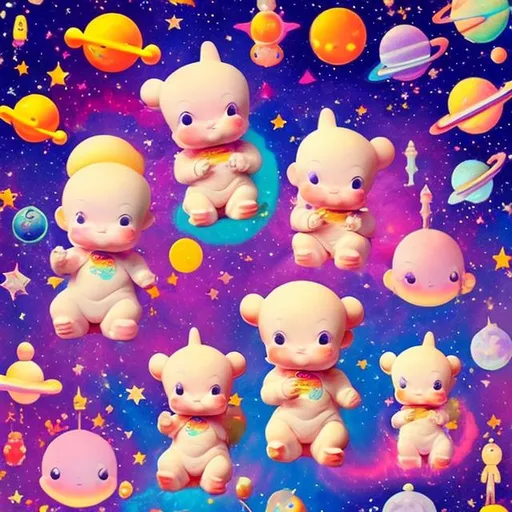 Prompt: Kewpies in outer space in the style of Lisa frank