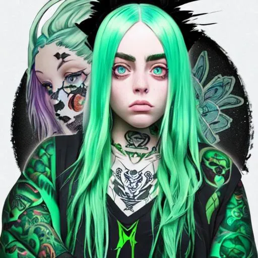 Prompt: ((whole body)) female fully tattooed,billie eilish,green hair, highest of detail quality,highest face quality, highest hand quality