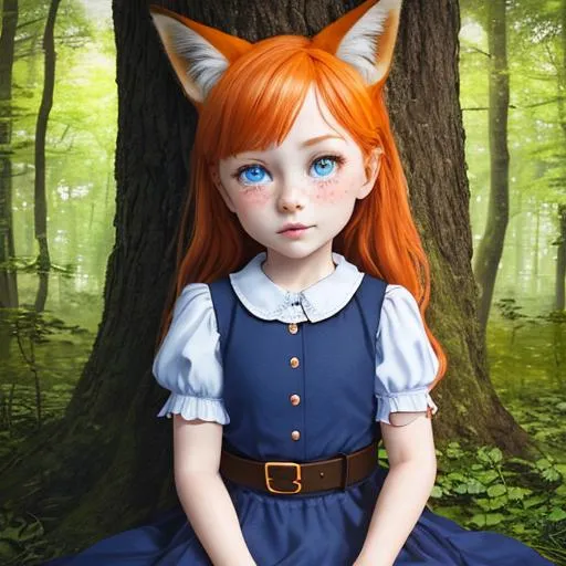Prompt: Sitting in tree, Forrest, full boddy, nature in background, dark blue dress, brown belt, full body, child, beautiful, blue eyes, child 5 years old, orange hair, fox ears, full lips, 1 fox tail, freckles, 4K, 16K, highly realistic, extremely detailed, photo realistic, photo quality, details