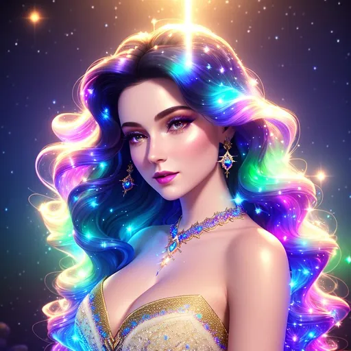 Prompt: Beautiful ethereal girl, ((snow white skin)), magic glowing orbs, ((wearing tight diamantine intricate gown)) ((long bright rainbow galaxy curly hair)), glowing, trails of light, wisps, soft white skin, slight sparkles, unreal engine 8k octane, 3d lightning, stellar, quartz, gem rain, luminous chest, fantasy