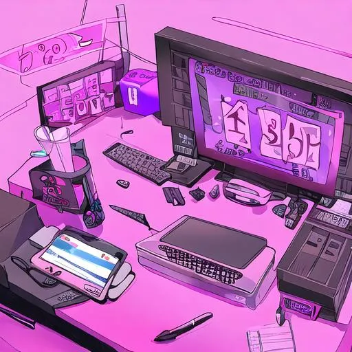 Prompt: There is a desk phone and drawing tablet phone and pens in the air giving it a pink and purple vibe.