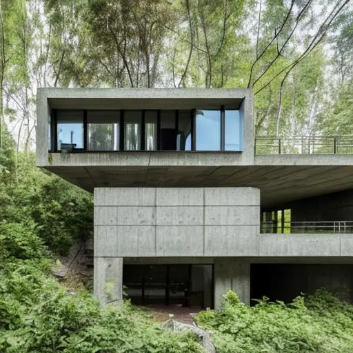 Prompt: brutalist architecture home surrounded by nature
