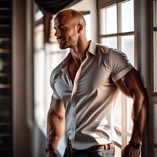 Prompt: Professional full-body  photoshoot of a beautiful, attractive and muscular young balding man, wearing a short-sleeve button-up shirt, flexing his biceps, hyperdetailed {symmetrical eyes}, {defined shredded musculature, broad shoulders}, {sultry romantic} smile, center frame, diffused light, intricate detail, best quality, uhd, 8k, symmetry  