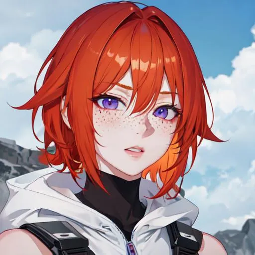 Prompt: Erikku male (short ginger hair, freckles, right eye blue left eye purple) UHD, 8K, Highly detailed, insane detail, best quality, high quality.