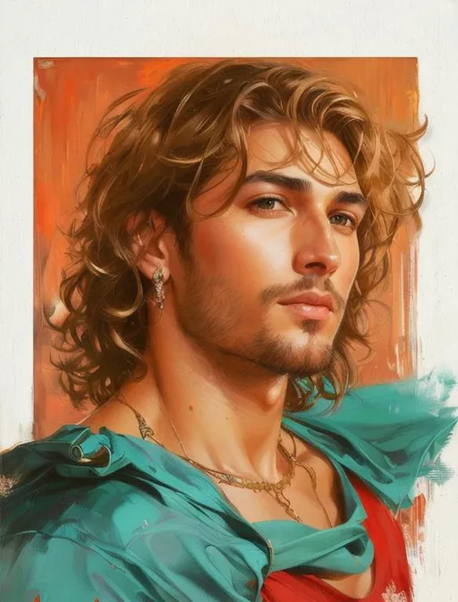 Prompt: Make him look like realistic handsome man.elegant beautiful features. Dreamy. Art by artgerm and pino daeni. very handsome face, beautiful green eyes. 