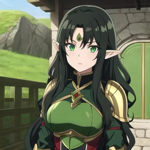 Prompt: long wavy black haired elf anime girl. She has green eyes and is wearing armour 