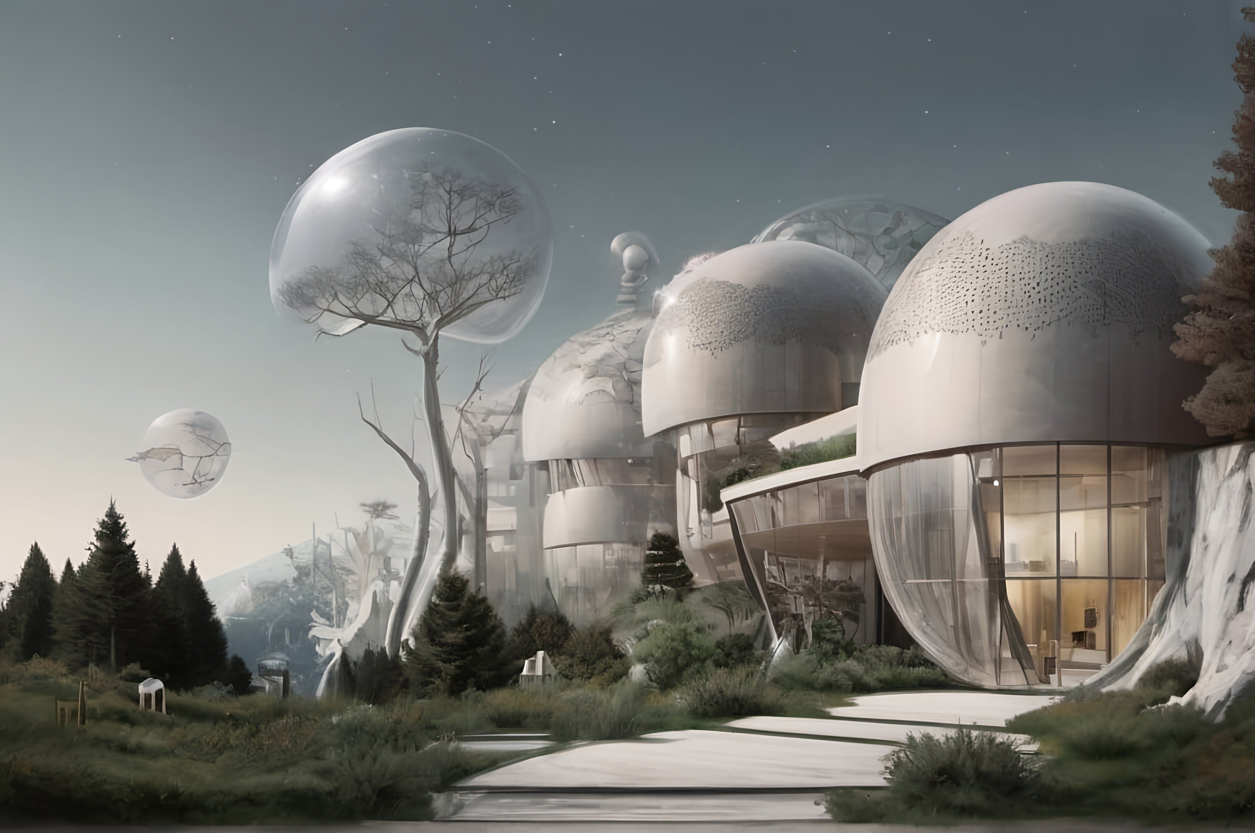 Prompt: a futuristic building with trees and mountains in the background and a pathway leading to it with a walkway leading to it, environmental art, vray render, a digital rendering