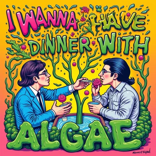 Prompt: the words "I WANNA HAVE DINNER WITH ALGAE" as an album cover featuring algae
