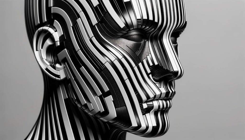 Prompt: facial portrait showcasing distinct black and white stripe pattern, in the style of forward-thinking futurism, video feedback distortions, gleaming metallic finishes, three-dimensional puzzle intricacies, bright chrome detailing, architectural finesse, and robotic thematic elements in a panoramic ratio