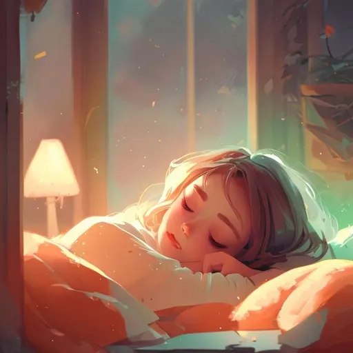 Prompt: scenery concept art artstation of a girl laying down in bed sketch colors orange and green cozy close up