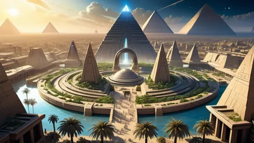 Prompt: Stargate in the middle of a city plaza, futuristic setting, aerial view, star portal, pyramid spaceships, floating pyramids, hanging gardens, detailed fantasy art, futuristic gardens, highres, detailed, aerial perspective, fantasy art, sci-fi, futuristic, star portal, detailed architecture, egyptian architecture, professional, magical lighting, atlantis setting