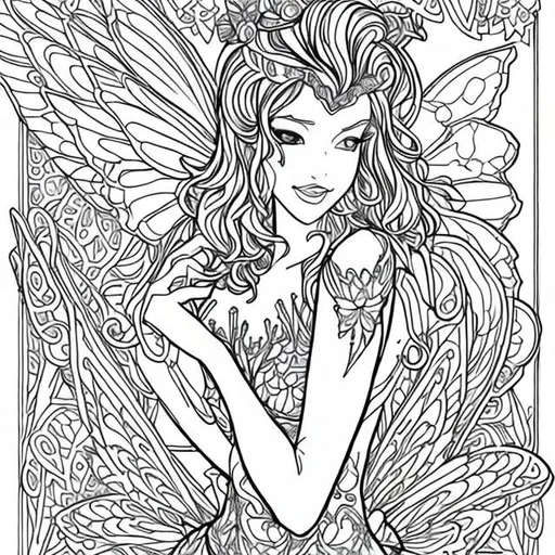 Prompt: create coloring book page of a adult fairy at home


