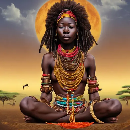 Prompt: African masaai lady wearing a samurai mask, and african necklase wth beads floating and meditating in a vast African savannah landscape with goddess body semi dressed with six inch boots   Photoshop brushes to give it an artist feel