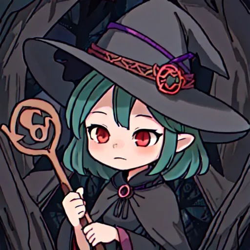 Prompt: Wood Witch, colors are Ebony, lacy witch hat and witch outfit ebony colored with wood and vine pattern, wand topped with a tree, best quality, masterpiece, background redwood forest
