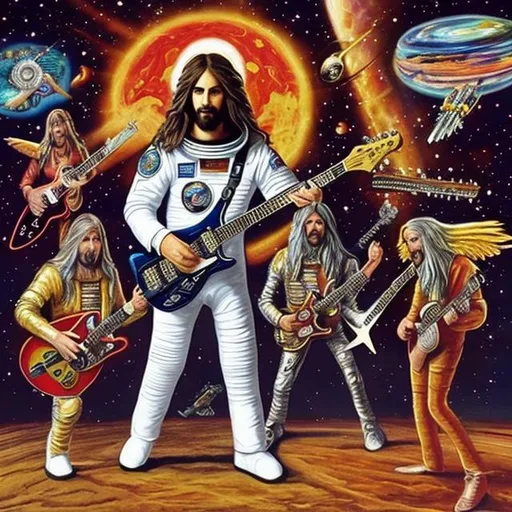 Prompt: actual photo of astronaut jesus playing guitar with all members of hawkwind, surprise me