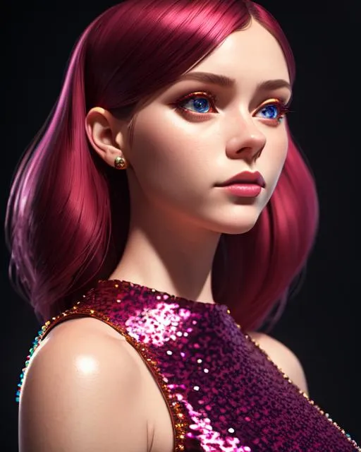 Prompt: ((Masterpiece)), ((Hyperdetailed)), Ultrarealistic, Portrait of a Female, 1girl, Fashion Portrait, Nordic, Close-Up Shot, Sequin Top in Maroon, Standing Pose, Low Angle Shot, Studio Lighting, Floral Background, Soft Shadows, Octane Render, Ray Tracing, Volumetric Shadows, 3D Modeling, Trending on Artstation.