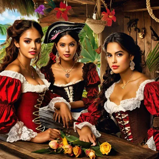 Prompt: RAW photo, 3girls, pretty young Indonesian pirates (round face, high cheekbones, almond-shaped brown eyes, epicanthic fold, small delicate nose), ((pirate costumes)), (red bustier corset, lace jacket), sitting at rough wooden table, pirate inn, tropical flowers, busy background, bokeh, masterpiece, intricate detail, hyper-realistic, photorealism, award–winning photograph, shot on Fujifilm XT3