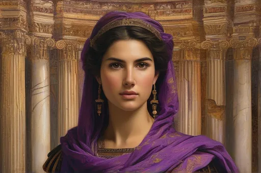 Prompt: young woman governor of a Roman province, intricately designed purple tunic, rich textures and deep colors, historical setting with ancient architecture, dynamic composition, engaging facial expression, vivid detailing, mesmerizing background, painting style, immersive atmosphere, capturing the essence of the Roman Empire's elegance and authority.