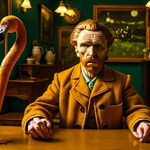 Prompt: portrait of an actor playing vincent van gogh. Highly detailed hyperrealistic.
A surealistic pink flamingo nearby. 
Cinematic. Wes Anderson vibe