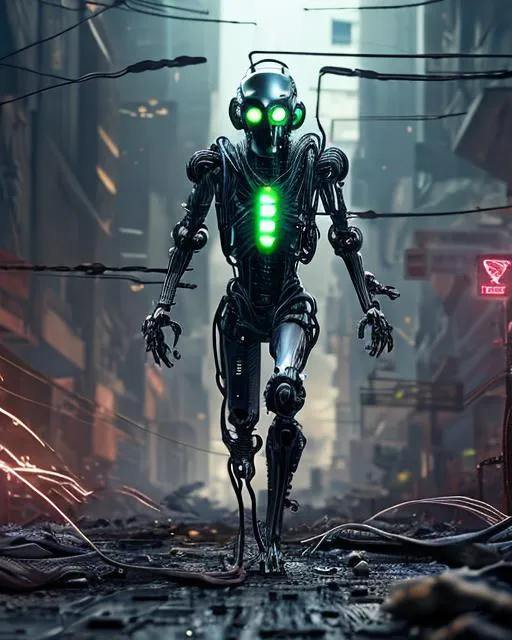 Prompt: A sinister android with glowing eyes and exposed wires stalks down a debris-strewn street. It's metal joints whir and clank with each step. ultra detailed, highly detailed scenario, photorealistic, intricate, masterpiece, UHD, HDR, symmetric, coherent, epic detail, stunning, beautiful, ,lumen render ,lumen path tracing ,path tracing light ,path tracing shadow ,path tracing special fx, 