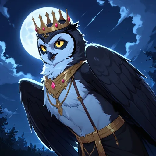 Prompt: Attractive man. Twink. Owl Features. Black feathers. Fluffy. Night sky. Crown. Nipeircing