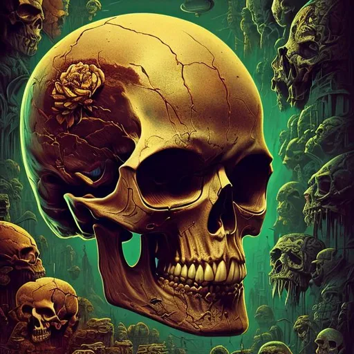 Prompt: skull , vintage, hyperdetailed, 8k resolution concept art, complementary colors, deep color, hyperrealism, photorealism, golden hour, complex, detailed, expansive, photorealistic, retro, Julian Pott style