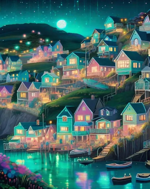 Prompt: A quaint pastel village nestled in lush green hills overlooks a bay filled with teal bioluminescent algae at night. The glowing teal waves light up the water, echoed by the full moon's refection. Fireworks burst in colorful explosions over the glittering bay as villagers gather to watch. Strings of lights decorate the streets lined with cheerful pastel homes. Photographed using a drone for an atmospheric bird's eye view of this idyllic seaside town during its summer fireworks festival.