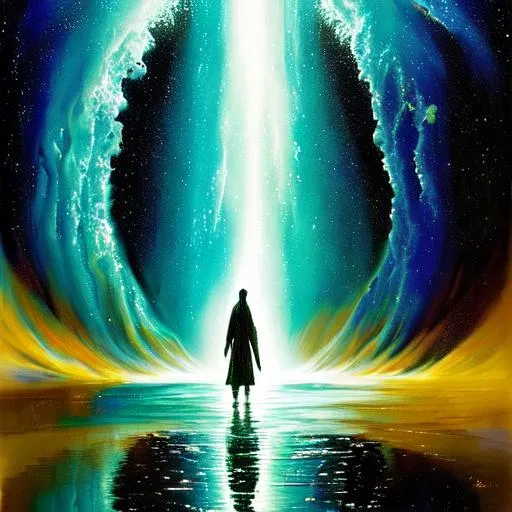 Prompt: A surreal scene where a person stands in a warm shower, the water droplets transforming into a cosmic landscape as they flow down. Around the person, the swirling vortex of a black hole compresses the passage of time, showcasing the contrast between the vastness of space and the intimacy of the shower.