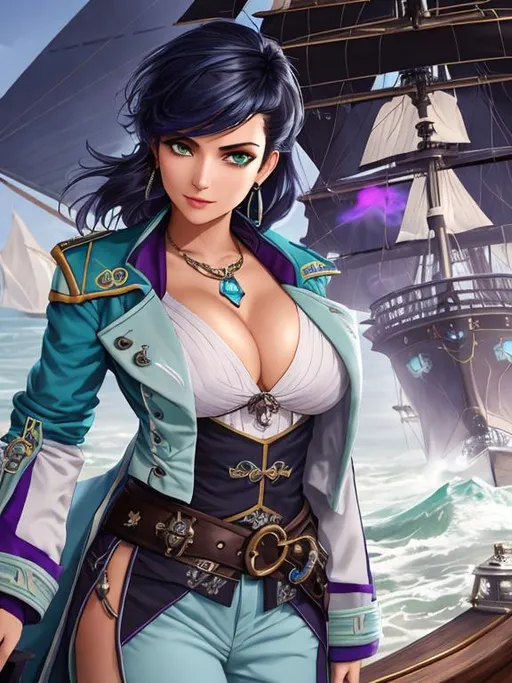 Prompt: ombre light blue-green-purple-black hair, pirate captain, girl, fantasy, coat, daunting, intimidating, serious, cruel smile, mole under eye, docked futuristic galleon ship in background, bodacious, mole on body, fullbody, ((full body)) {{good looking}} {{cute}} {{good body}} {{tight}}, symmetrically colored hair, {{shadows}},
