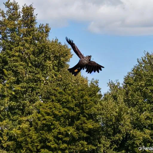 Prompt: impressionist  the flying eagle on a rock in a garden of cyder trees 