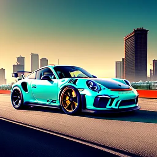 Prompt: Porsche 911 GT3 RS 2020, movie poster, rusty industrial setting, skyscrapers in the distance, turquoise sky, sepia tone, warm colors, japanese text with movie name, anime-style, extremely detailed painting by Greg Rutkowski