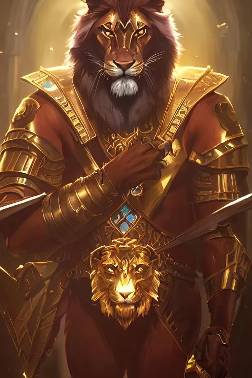 Prompt: oil painting, anthropomorphic lion, male, furry, warrior, ancient egypt, 8k, UHD,   bronze weapons, hieroglyphics art, hyperrealistic, photorealistic, beautiful art, furry art, full body picture, digital art,  hyperperfectionist, muscular, pharaoh, lion head, hyperdetailed full-body of a werelion in battle stance, hyper detailed background, ancient egypt temple inside background