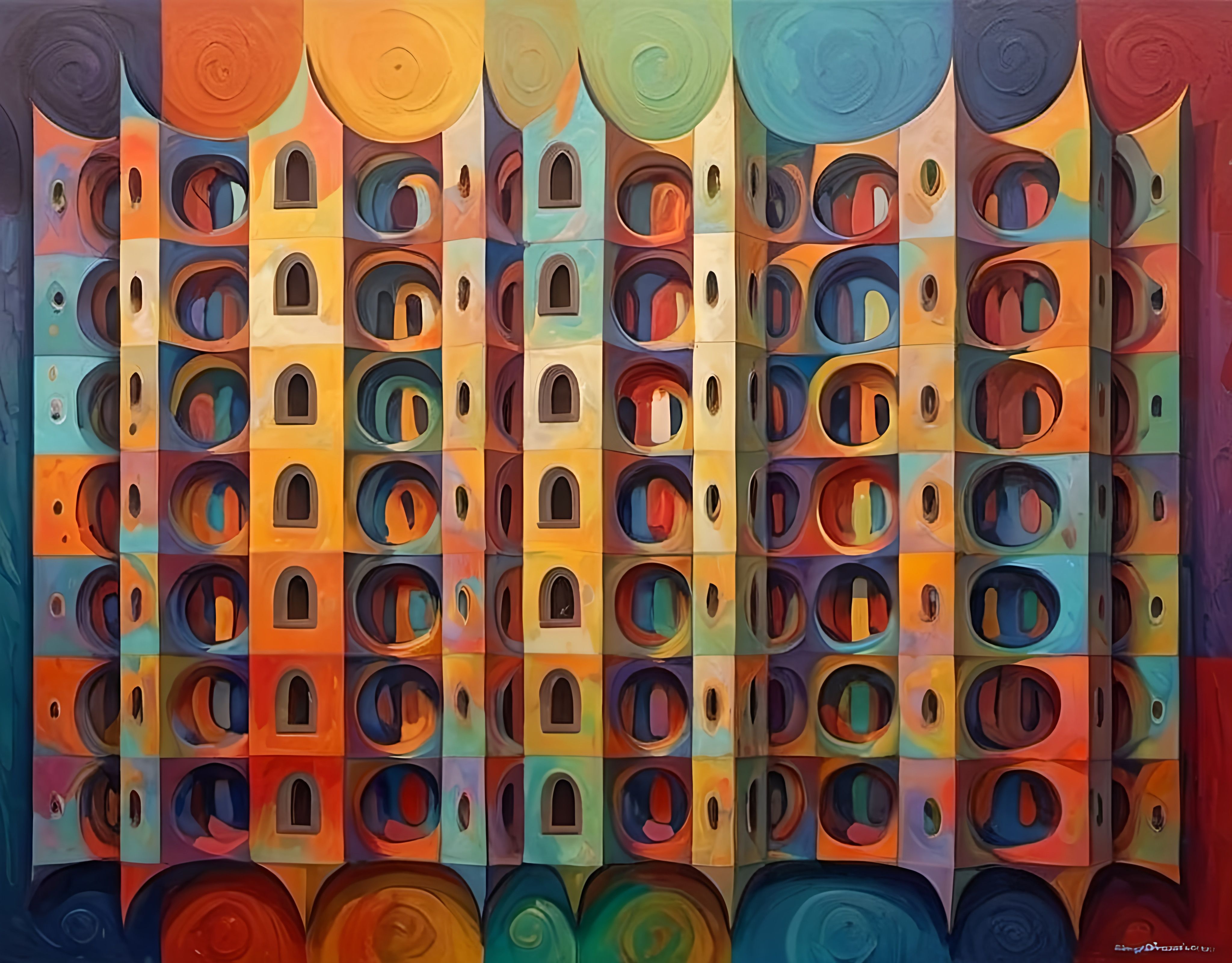 Prompt: a painting of a building with many circles on it's side and a red building in the background, metaphysical painting, art noveau, a cubist painting