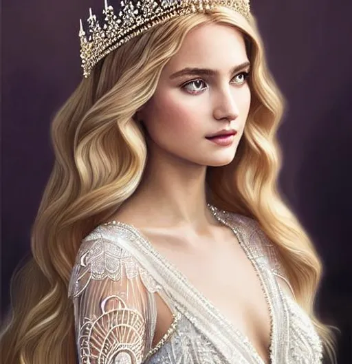 Prompt: An insanely detailed full body of a girl, delicate, noble, beautiful detailed face, long flowing blonde hair, lacy dress, wearing a small beautiful detailed tiara on her head, sitting on a throne, digital painting, digital illustration, extreme detail, digital art, 4k, ultra hd, by Charlie Bowater, another dimension, by Wanda Gag, art by Ralph Steadman, art by peter Mohrbacher, art by Lee Man Fon, beautiful landscape, realistic and natural, perfect composition, vibrant colors, hyperrealism, sharpening