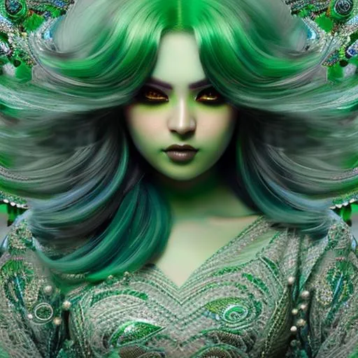 Prompt: A alien empress, beautiful face, stunning snake green eyes, ombre gradient green hair, green sculptural 
dress made of gradient green snake scales details by pino daeni, tom bagshaw, Cicely Barker, Daniel Merriam, intricate details by Andrew atroshenko, James Jean, Mark Ryden, charlie bowater, WLOP, Jim Burns, Megan duncanson, beautiful face, full body photo, very detailed, high definition, crisp quality, cinematic smooth, cinematic lighting, ultrarealistic, crispy focus 