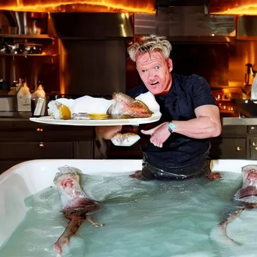 Prompt: Gordon Ramsay taking a bath in lamb sauce