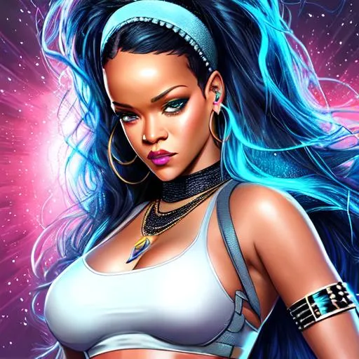 Prompt: Rihanna as a superhero, pregnant , Hyper realistic, detailed face 