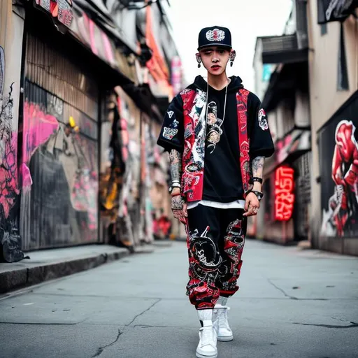 Prompt: earing hiphop attire with anime cap dragon dancing on a street